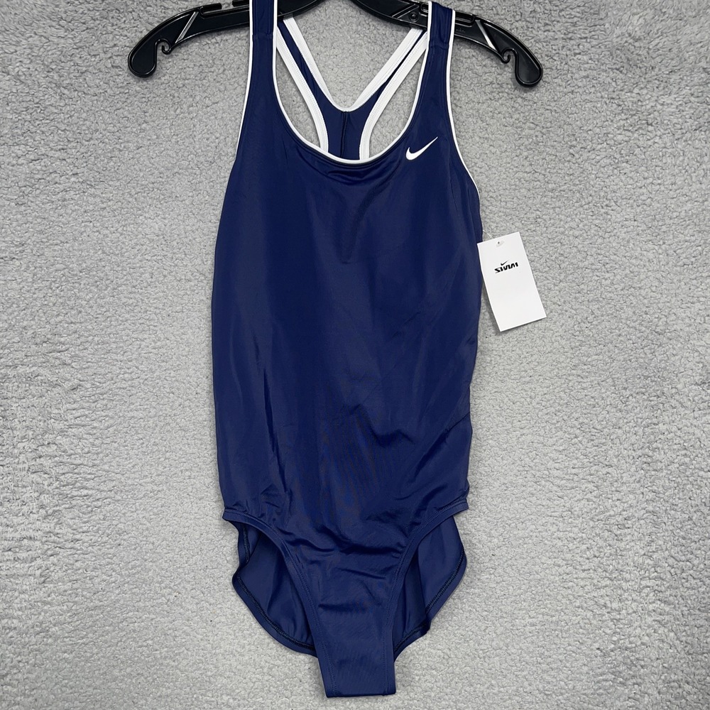 NWT Nike Swimsuit Women's Sz M Blue One Piece Athletic Racerback Swimwear Swoosh